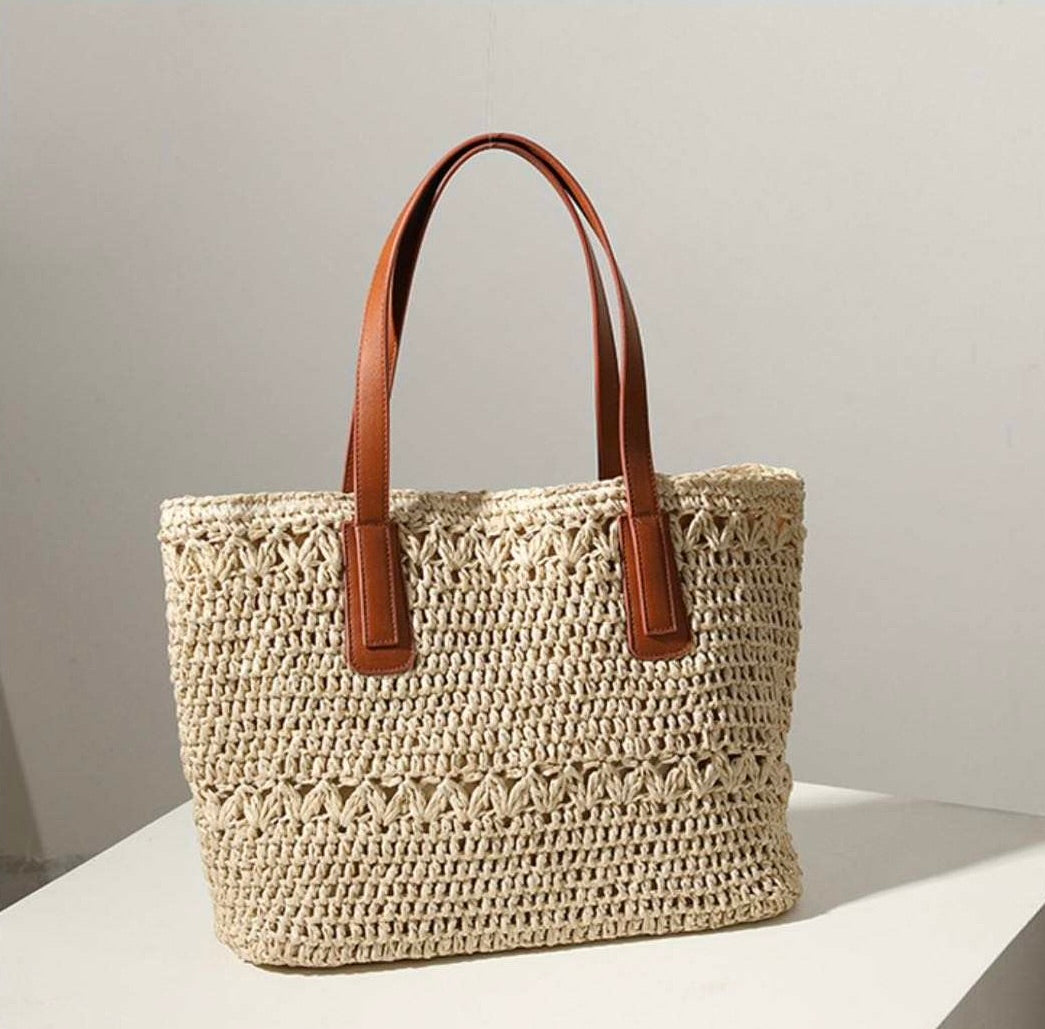 Hand Woven Raffia Handbag with Vegan Leather Straps