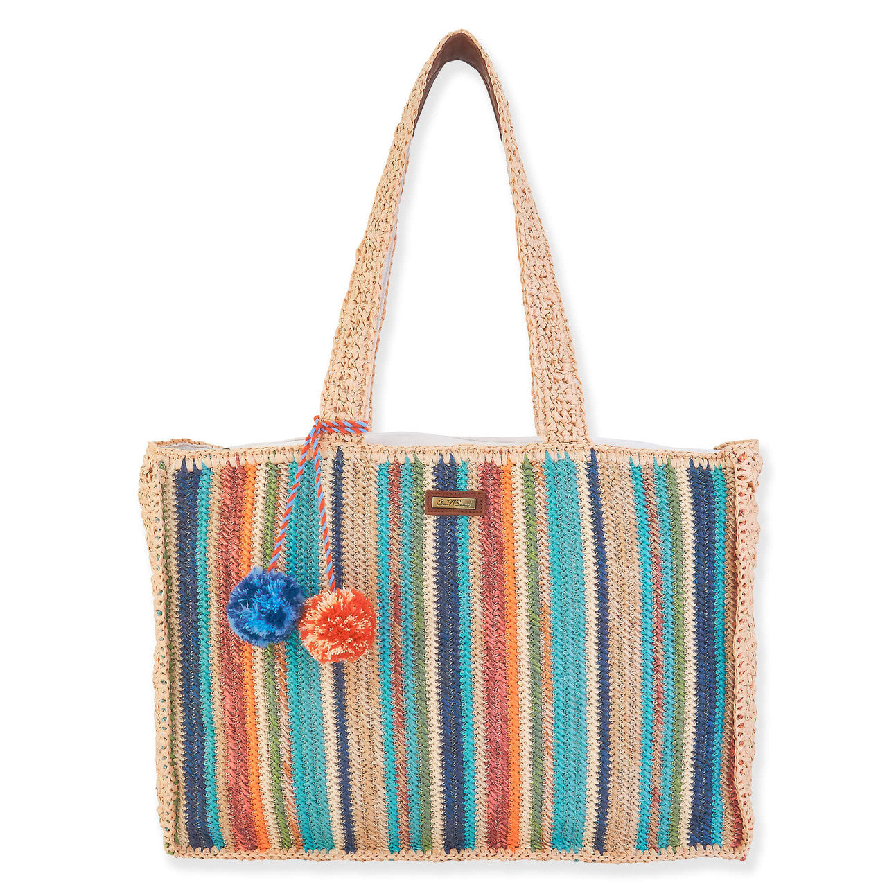 Fatima Poly Straw Shoulder Bag with Pom Poms- Blue