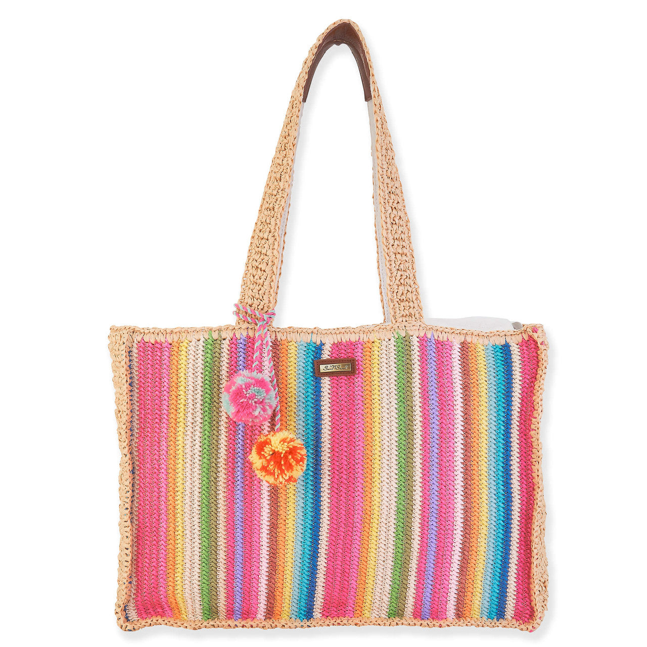 Fatima Poly Straw Shoulder Bag with Pom Poms- Pink