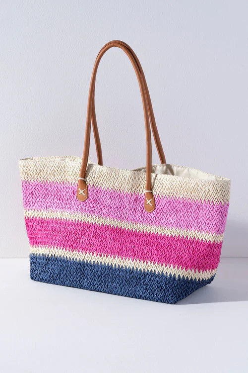 Formentera Woven Straw Tote - Pink and Blue