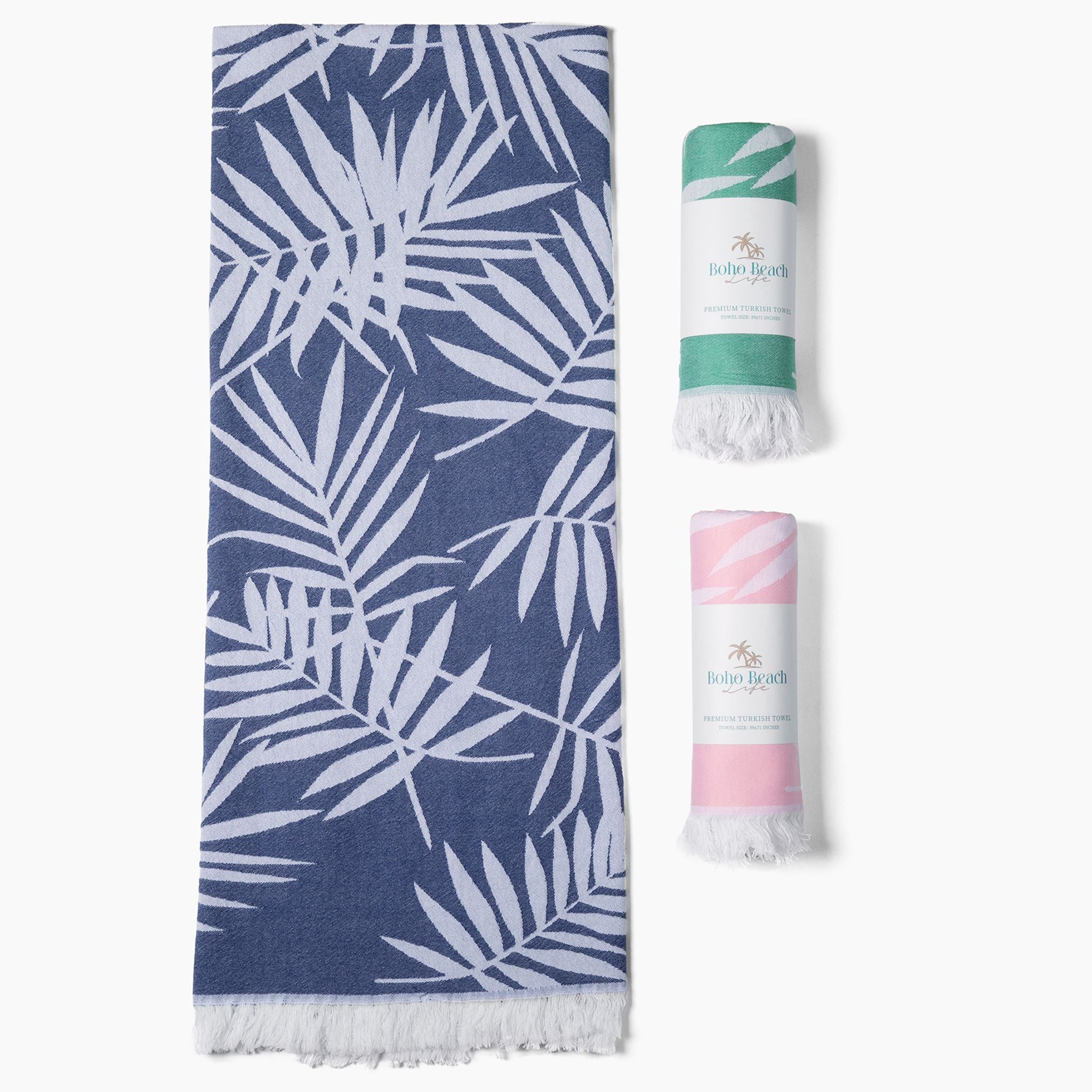 Sand Proof Turkish Beach Towel - Palm Leaf Pattern - Navy