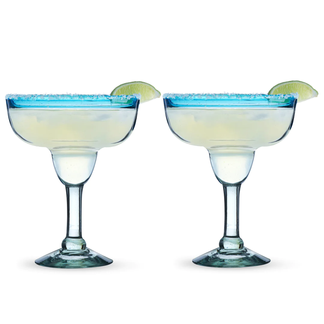 Blue Rimmed Hand Blown Margerita Glasses - Set of 2