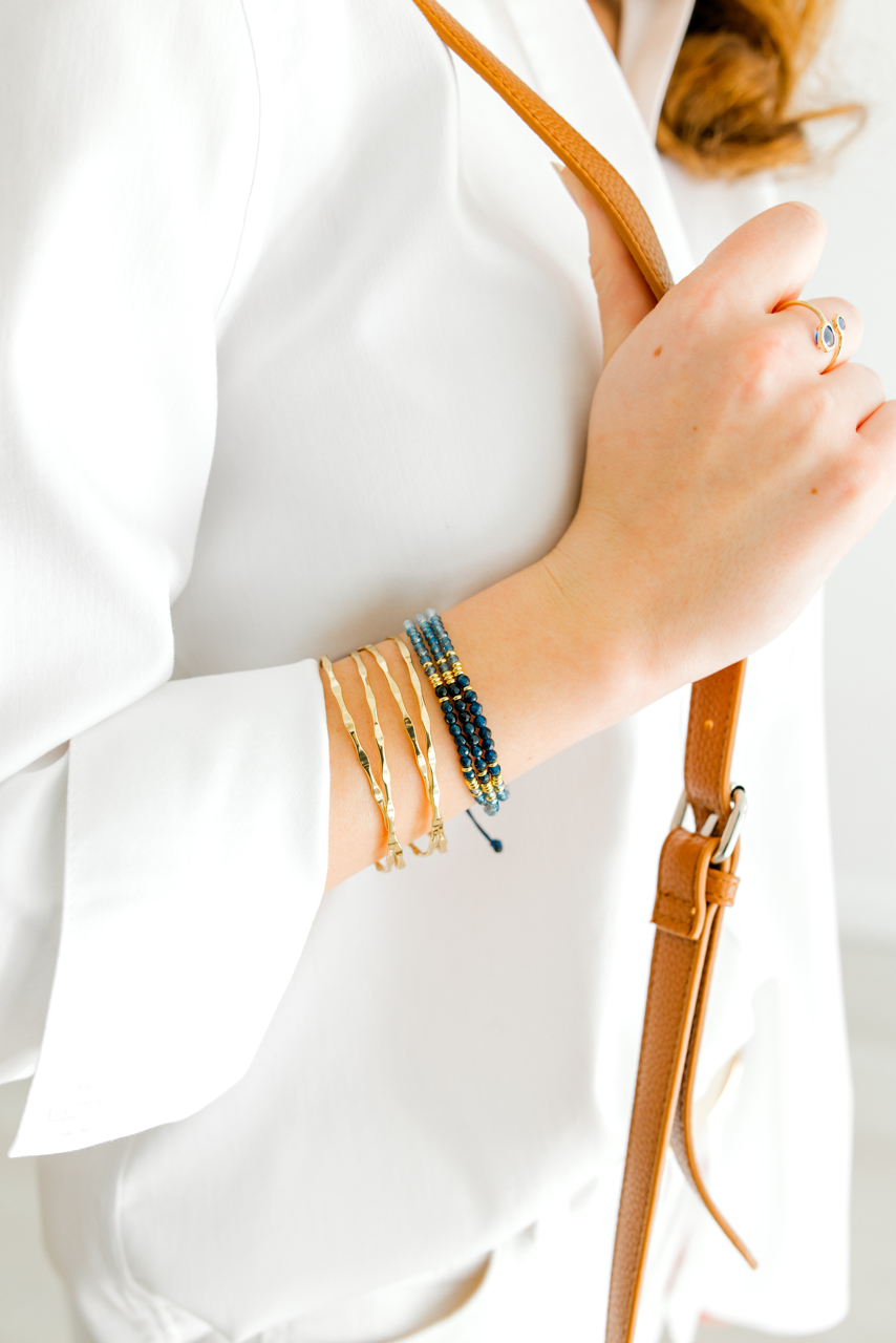 Triple Layer Adjustable Blue Stone and Gold Bead Bracelet