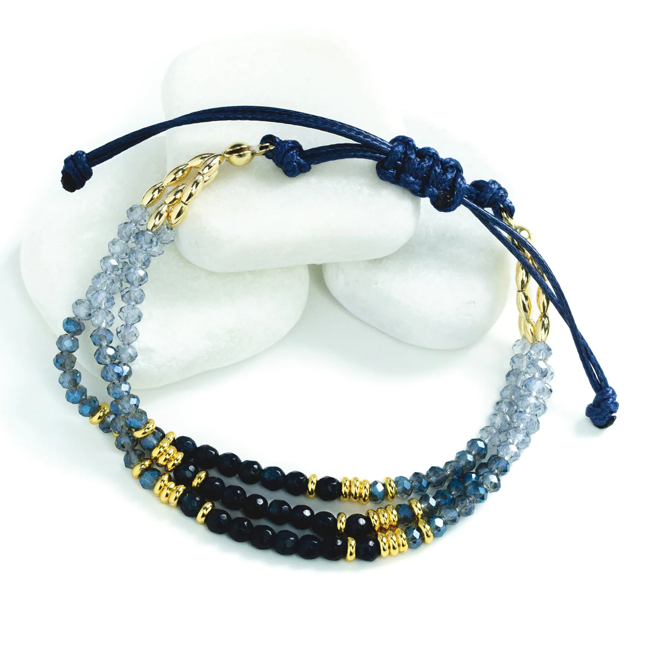 Triple Layer Adjustable Blue Stone and Gold Bead Bracelet