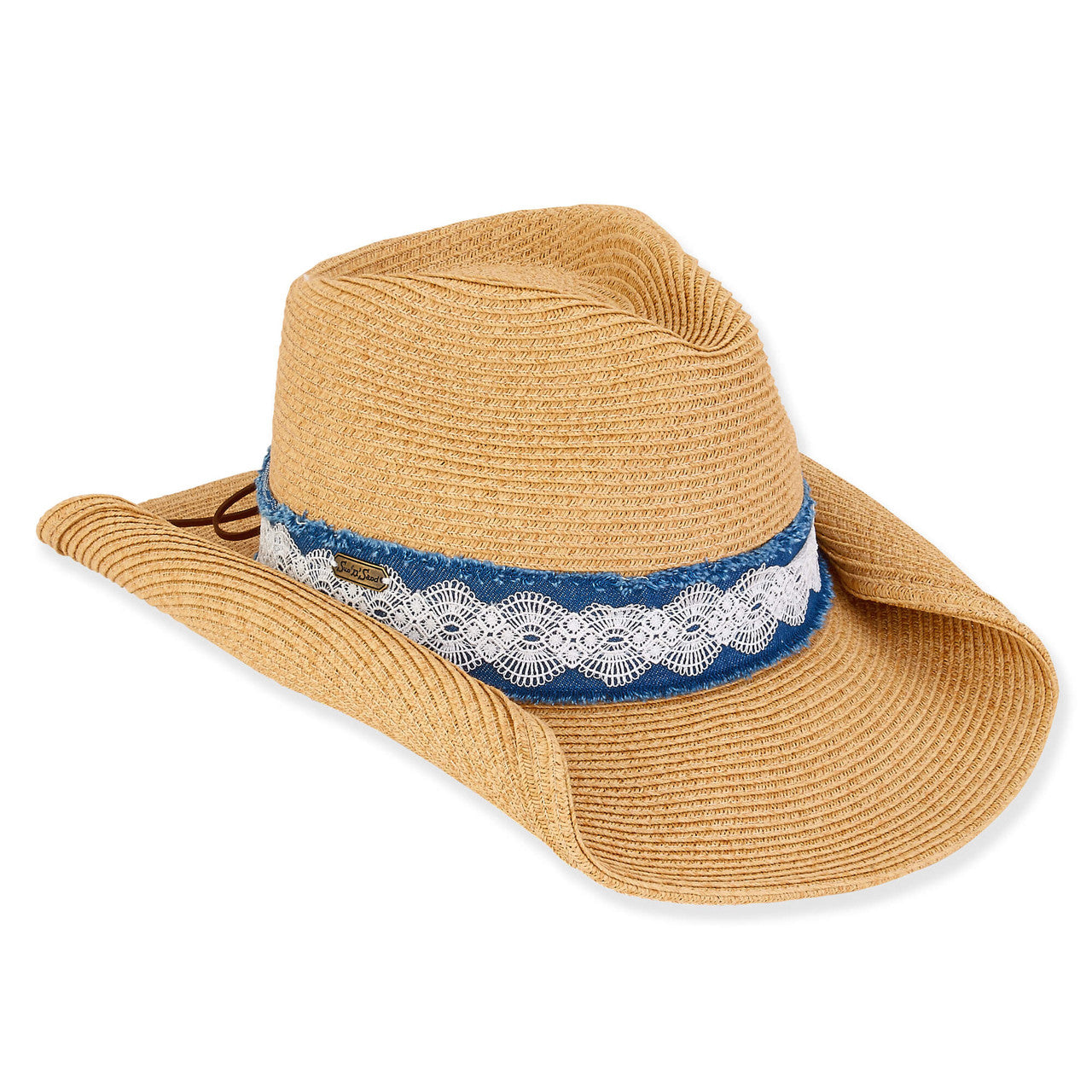 Classic Western Straw Hat with Denim and Lace Trim