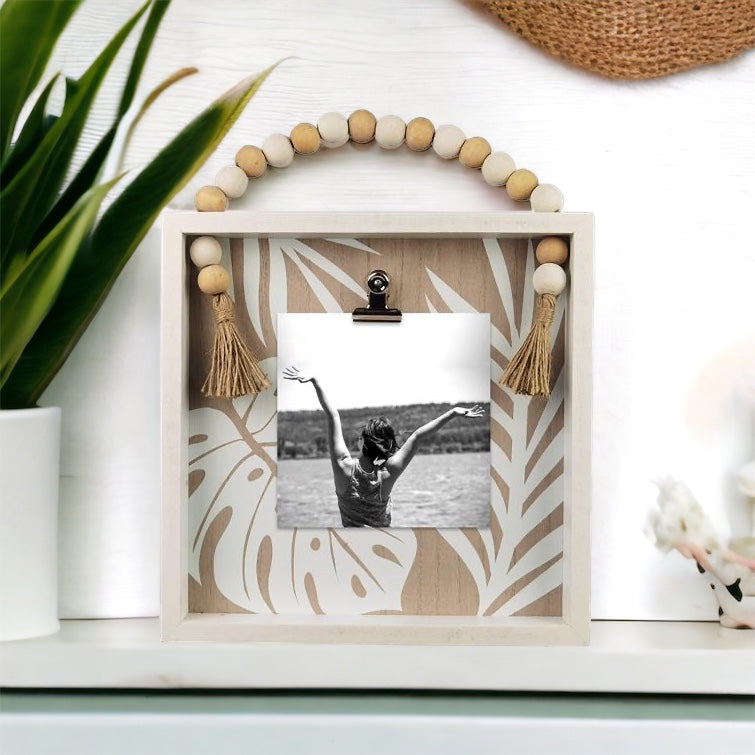 Wood Palm Leaf Frame with Photo Clip - Blessing Beads & Tassel