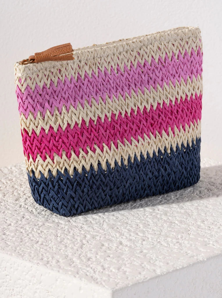 Formentera Woven Straw Pouch - Pink and Blue