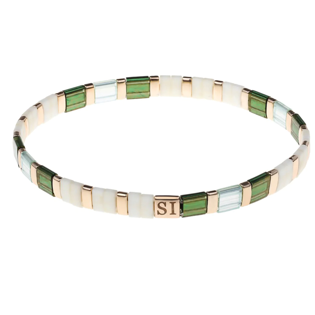 Miyuki Tila Stretch Bracelet - Green And Ivory